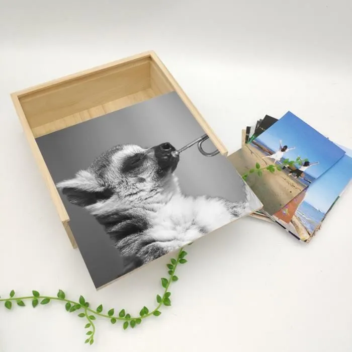 Boite Coffret en Bois - Lémurien Jouant de la Trompette Mignon Drôle Noir et Blanc  (11 x 11 x 3,5 cm)-3
