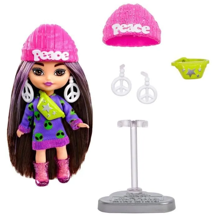 Poupée Barbie Extra Mini Minis - MATTEL - HLN46 - Robe pull imprimé - Bonnet rouge - Accessoires-1