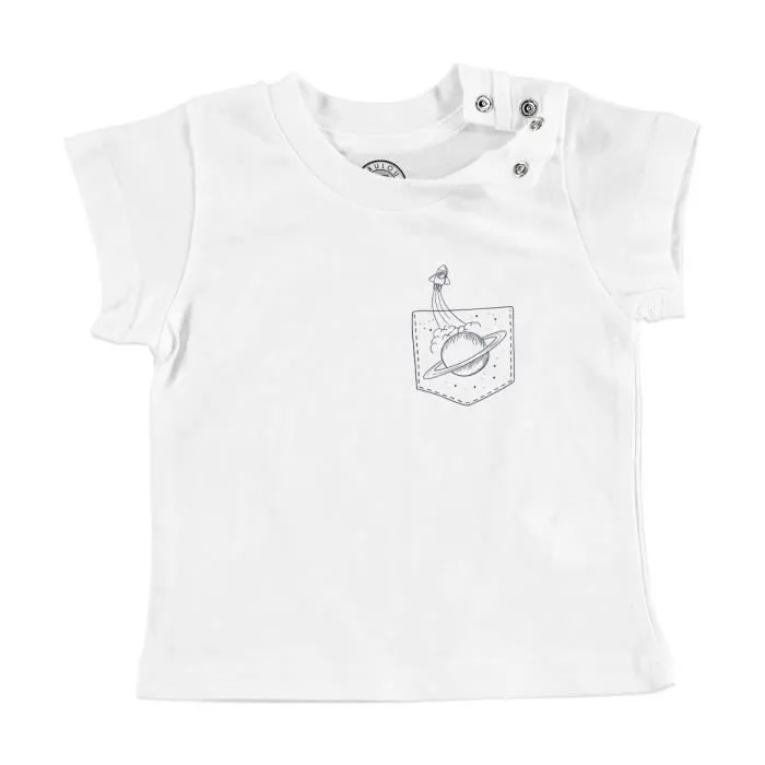 T-shirt Bébé Manche Courte Blanc Poche Surprise Fusée Spatial Planète Jupiter Dessin-0