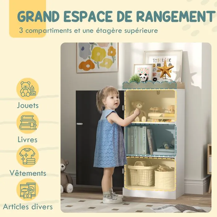 Meuble rangement enfant AIYAPLAY rangement jouet enfant avec porte en tableau noir, 3 casiers et plateau supérieur, blanc-5
