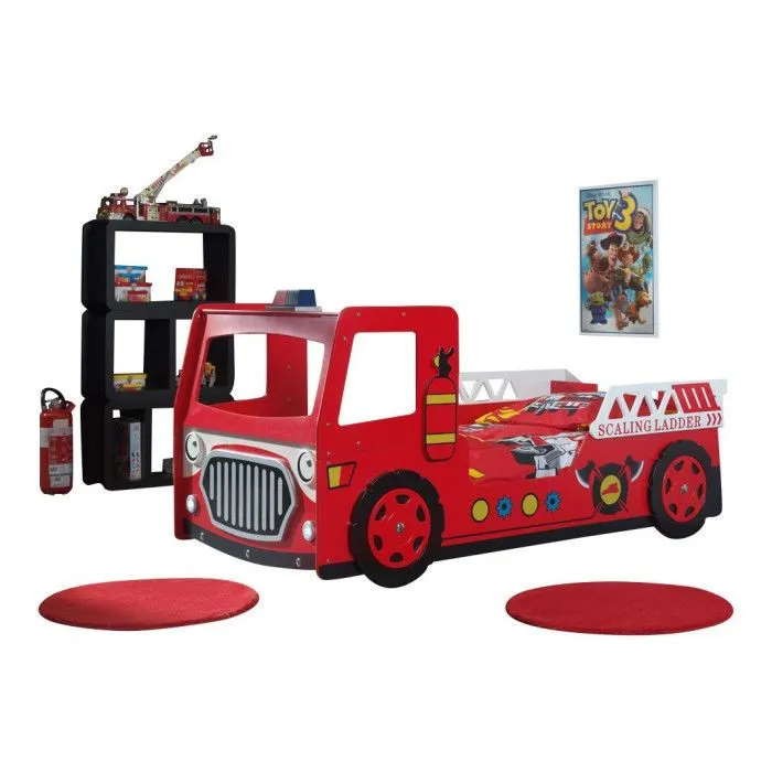 Pack - Lit Enfant & Matelas "Camion de Pompier" 90x200cm Rouge-0