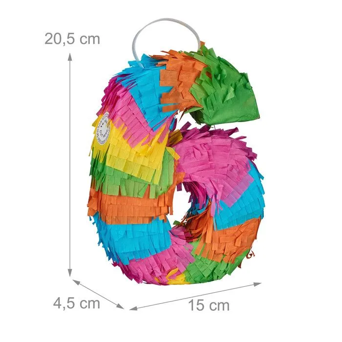 Relaxdays Mini pinata chiffre 6, arc-en-ciel, HxLxP: 20,5 x 15 x 4,5 cm, pour enfants, à remplir, multicolore-3