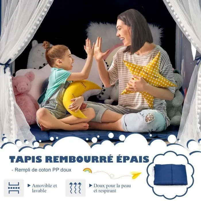COSTWAY Tente de Jeux pour Enfants Intérieur, Cabane avec Fenêtres en Maille Respirante pour Enfants plus de 1 Ans Bleu-1