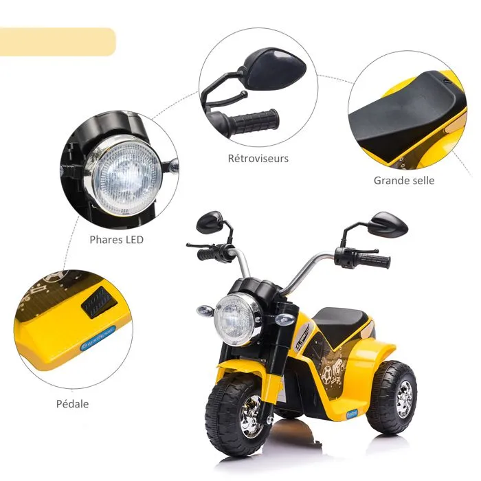 Moto électrique enfant chopper tout-terrain 6 V 20 W marche AV AR 3 roues effets lumineux et sonores jaune noir-5