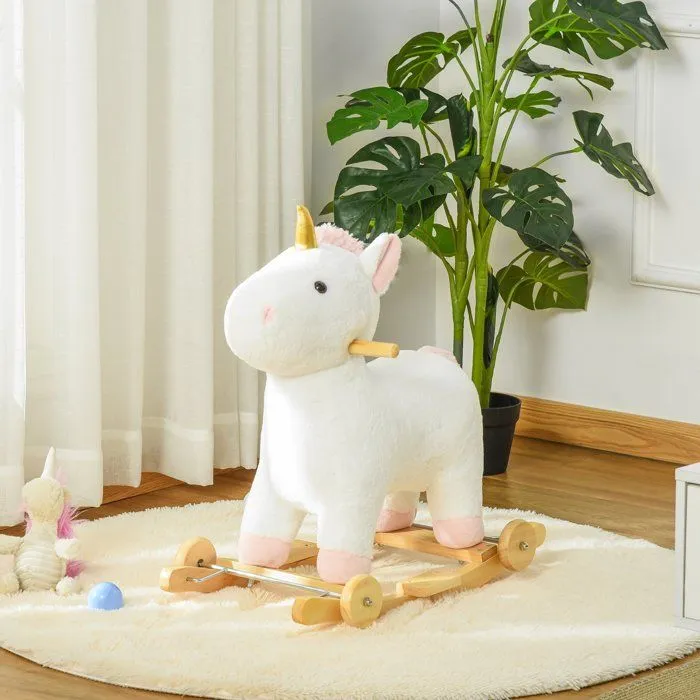 Cheval à bascule enfant - HOMCOM - licorne à bascule en bois avec roues - utilisation 2 en 1 pour petits enfants - avec effet sonore-2