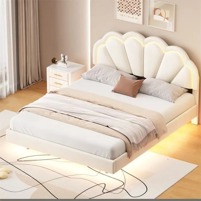 Lit double 140x200cm en velours avec lampes LED pour enfant et adolescents avec sommier à lattes et tête de lit couronne - Blanc-0