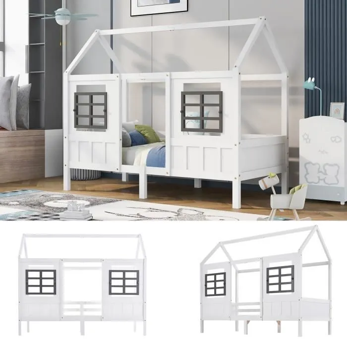 Lit cabane enfant 200x90cm, lit simple, lit enfant avec 2 fenêtres, cadre en pin, MDF, blanc-2