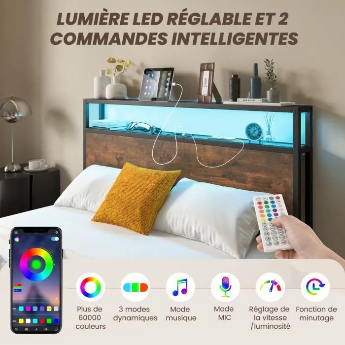 COSTWAY Lit Double Industriel pour Adulte 140x200CM - Contrôle par APP, Lumineuse LED, Bluetooth, Prise de Courant et 4 Tiroirs-1