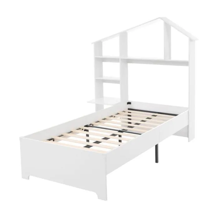 Lit d'enfant - Blanc - 90 x 200 cm - Bois massif - Bibliothèque intégrée - Sommier à lattes-2