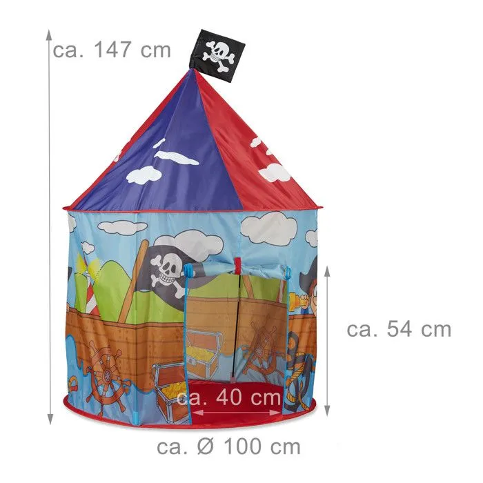 Relaxdays Tente enfant garçon fille tente de jeu Pirate drapeau extérieur pop-up 3 ans H x D 130 x 100 cm, rouge bleu-3