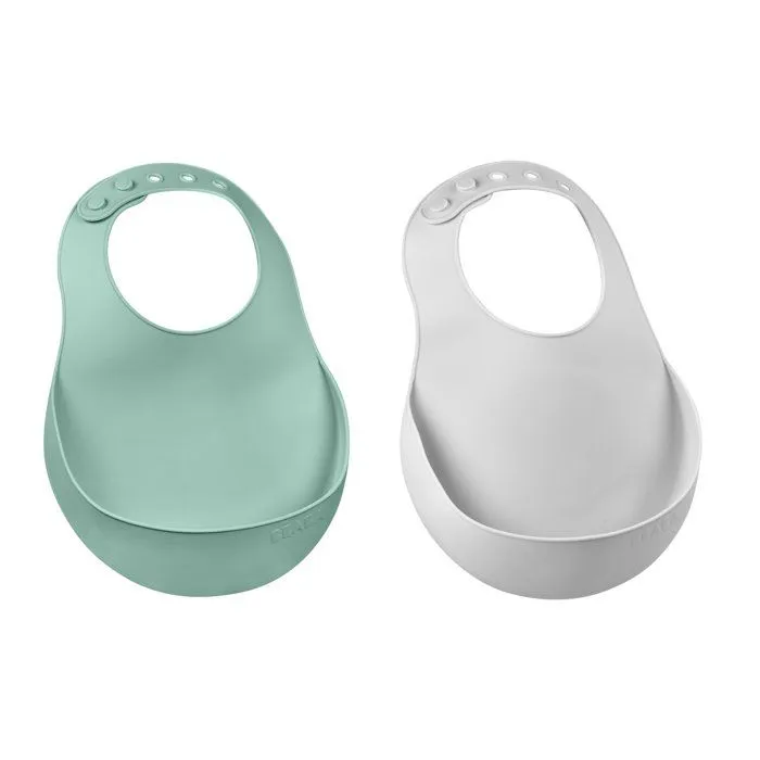 Lot de 2 bavoirs silicone Gris clair/Vert sauge-1
