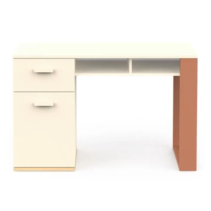 Bureau 1 porte ouvrante, 1 tiroir et 2 niches L120 cm - 120 cm X 59,8 cm X 76,5 cm - CAMILLIA - Terracota / Beige / Chêne-0