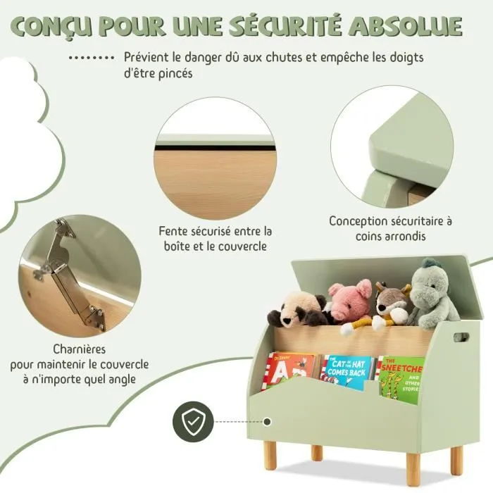 COSTWAY Coffre Jouet en Bois, Couvercle Rabattable, Charnière de Sécurité, 60 x 30 x 44 CM Rangement Salle de Jeux Vert-2