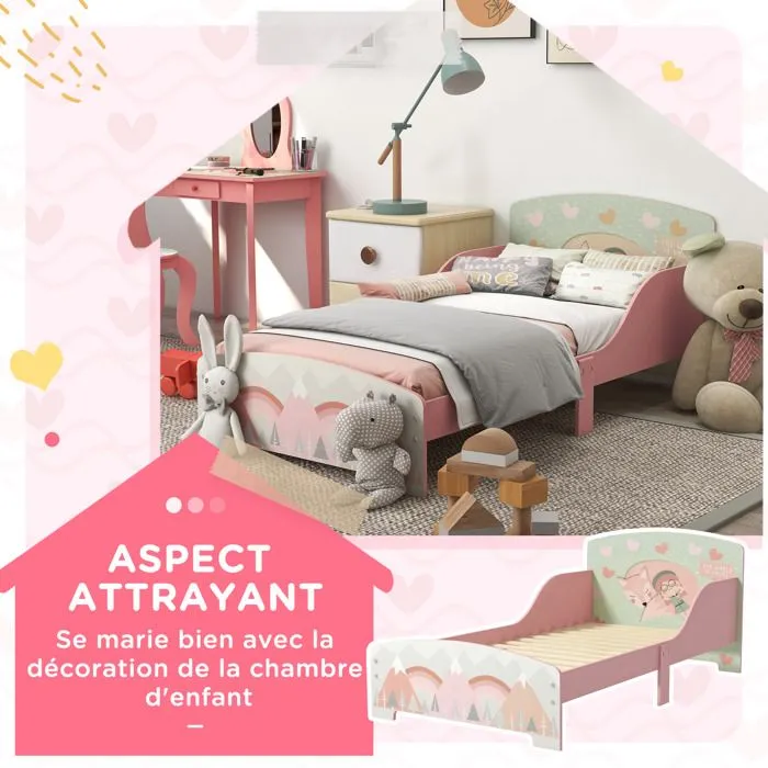 Lit pour enfant ZONEKIZ 3-6 ans avec barrières de sécurité et motifs dim. 77 x 143 x 60 cm sommier à lattes inclus - rose-4
