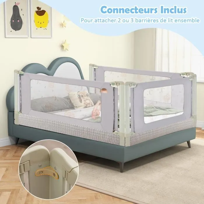 COSTWAY Barrière de Lit pour Enfant Portable 180x47CM 4 Hauteur Réglable Soulèvement Vertical,Double Verrou de Sécurité 0-3 Ans Gris-1