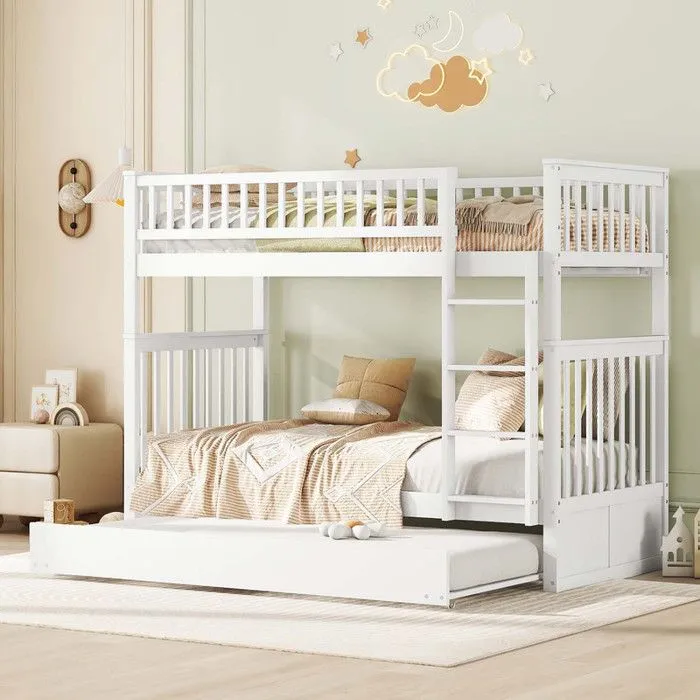 MODERNLUXE Lit superposé 90x200 cm, lit enfant, lit triple, lit superposé avec lit gigogne, garde-corps haut, avec escalier, blanc-0