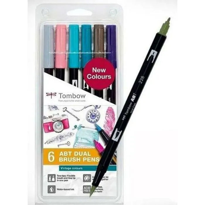 Feutres Tombow - ABT-6P-5 - Lot de 6 feutres pinceau ABT a deux pointes, couleurs vintage-0