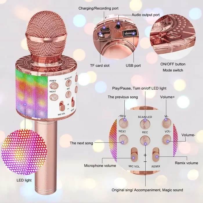 Microphone Sans Fil Karaoké, Ankuka Micro Karaoke Enfant avec Lumières LED de Danse, Microphone Bluetooth pour Enfants Fille Garcon-1