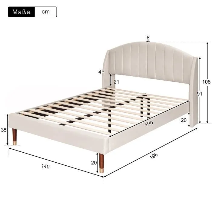 Lit double 140x190cm avec sommier à lattes en bois et tête de lit, lit ado, lit enfant - lit en velours beige-3