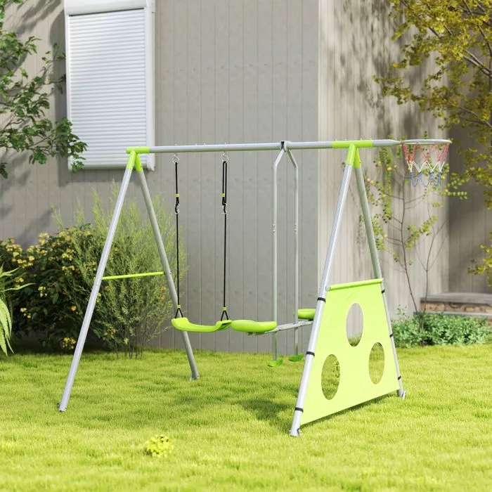 Portique balancoire enfant 4 en 1 - AIYAPLAY - sièges et face à face, panier de basket-ball et but de football, charge 135 kg - vert-2