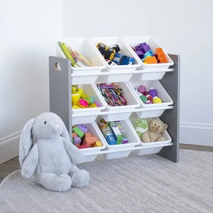 Organisateur de jouets pour enfants - Humble Crew - 9 bacs en plastique - Gris et blanc-0