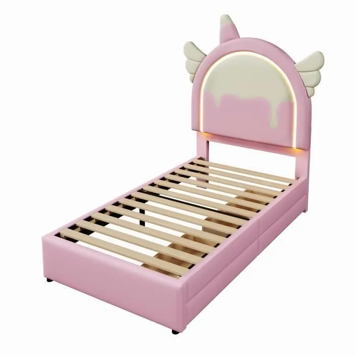 Lit enfant - Licorne - 90x200cm - 2 tiroirs - Sommier à lattes - LED rose-2