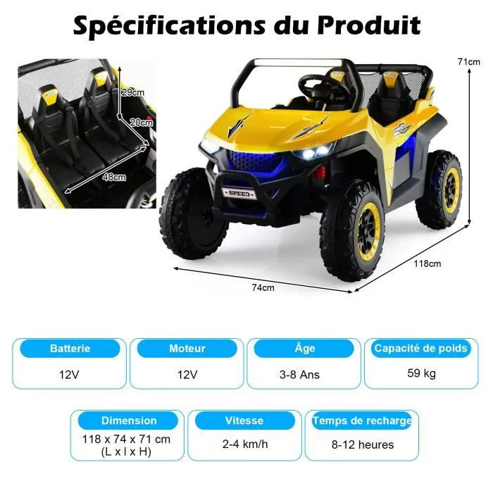 COSTWAY Voiture Electrique Enfant 12V/7Ah, 2-4 km/h, 2 Place, Télécommande 2,4G pour 3-8Ans, MP3, USB, Radio, Lumineux, Klaxon Jaune-3