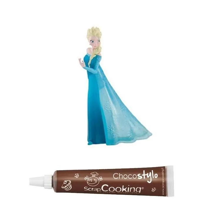 Figurine pour gâteau La Reine des Neiges Elsa + Stylo chocolat-0