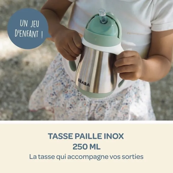 BEABA, Biberon/Tasse d'apprentissage/Gourde Bébé 2 en 1, Tasse Paille Enfant, Inox 100% étanche, Anti-fuite, 250ml, Vert sauge-3