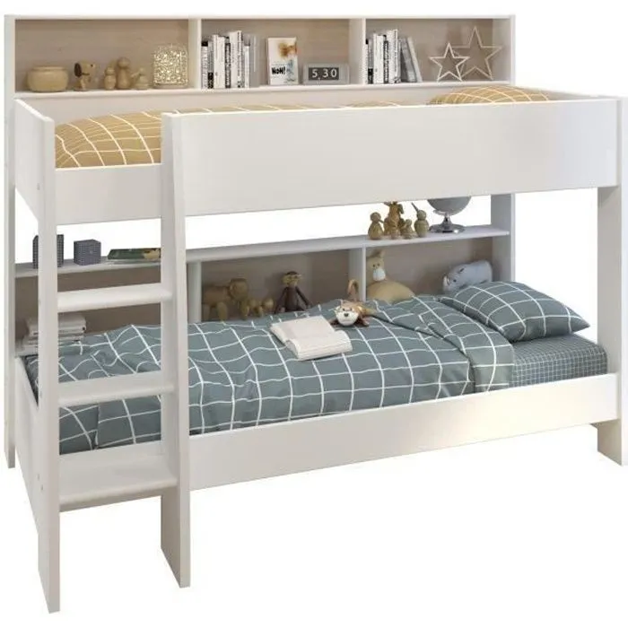 PARISOT Lits superposés enfant - Décor Chêne et Blanc Ombre - Sommiers inclus - 2 x 90 x 200 cm - JIM-0