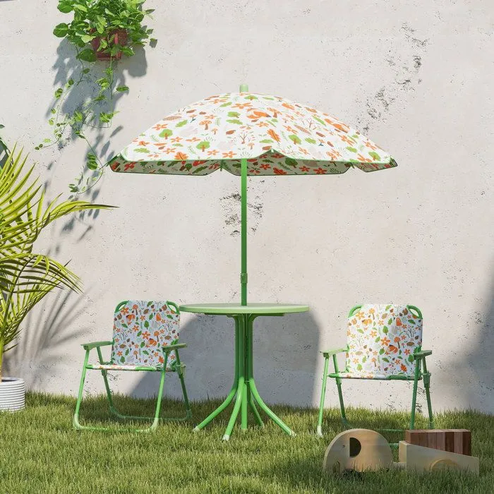 Ensemble salon de jardin extérieur enfant - AIYAPLAY - motif éléphant et girafe, parasol réglable Ø 100 cm, chaise pliable - vert-2