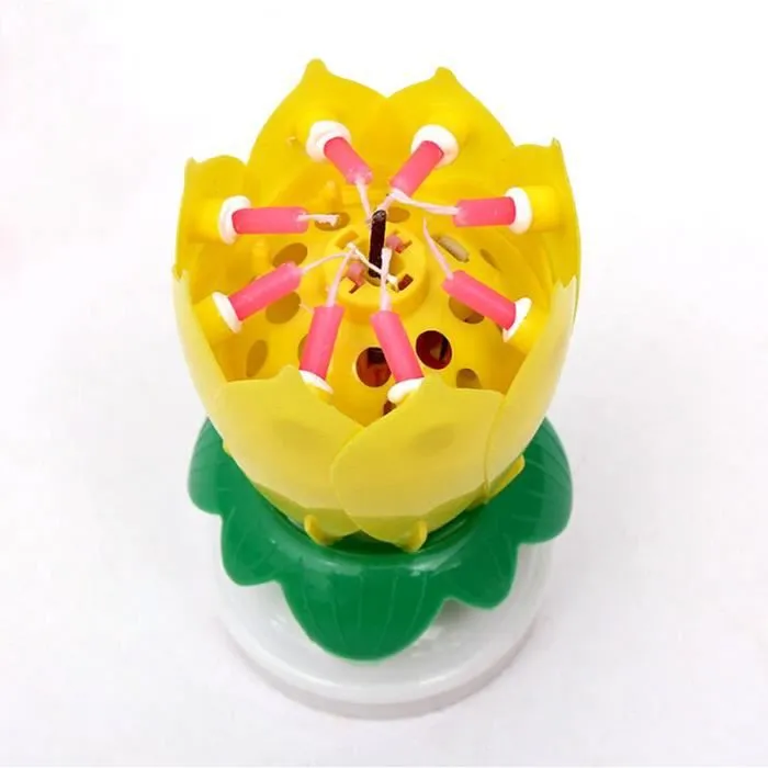 Bougie d'Anniversaire Fleur Lotus Rotation Musique Décoration Gâteau Fête Couleur Jaune-0