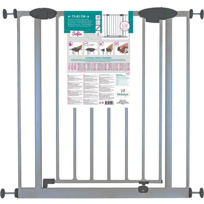 Barrière de sécurité Enfant SOFIA - 73 à 81 cm - Portillon - Gris Alu - NORDLINGER PRO-2
