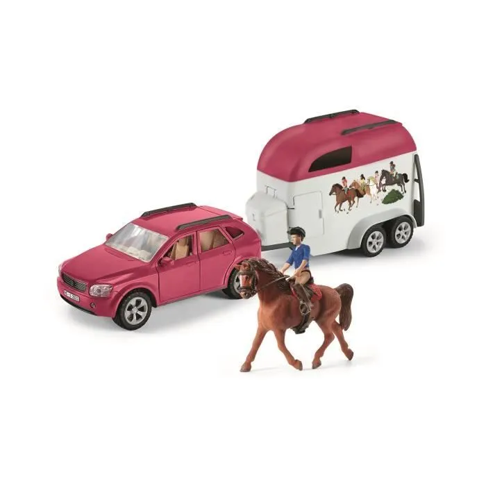 Voiture avec remorque pour chevaux, Coffret schleich avec 1 cheval schleich inclus, coffret figurines pour enfants de 5 ans,-1