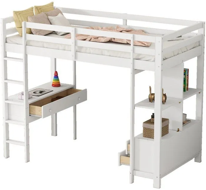 Lit mezzanine - Blanc - 90 x 200 cm - Avec bureau et tiroirs - 1 place - Design contemporain-2