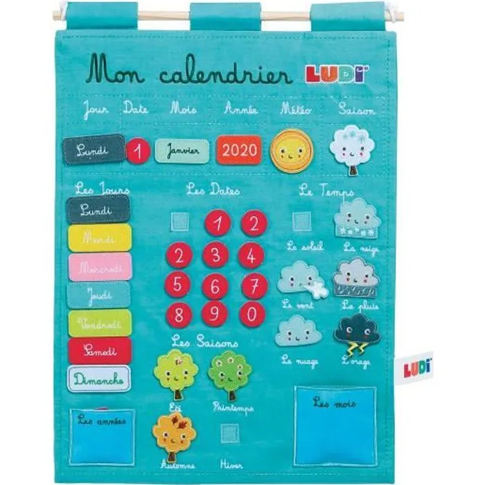 LUDI - Calendrier bleu pour enfant dès 3 ans. Panneau en tissu brodé 53 x 38 cm et accroche murale - 45 étiquettes amovibles-0