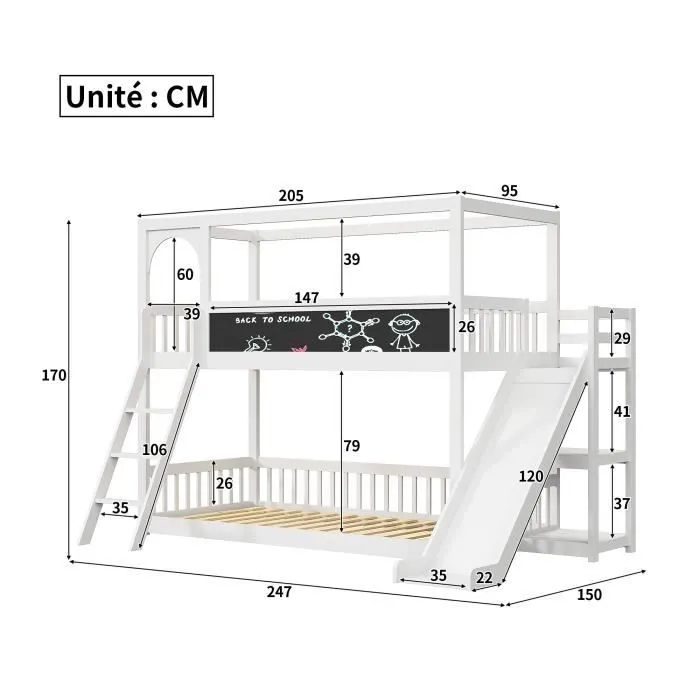 Lit superposé 90x200cm pour enfant - lit 2 places avec étagères, toboggan, tableau noir, échelles - blanc-3