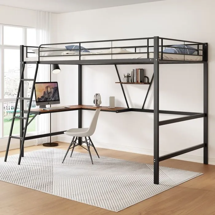 Lit mezzanine - Noir - 90x200cm - Bureau en L - Étagères de rangement - Métal-0