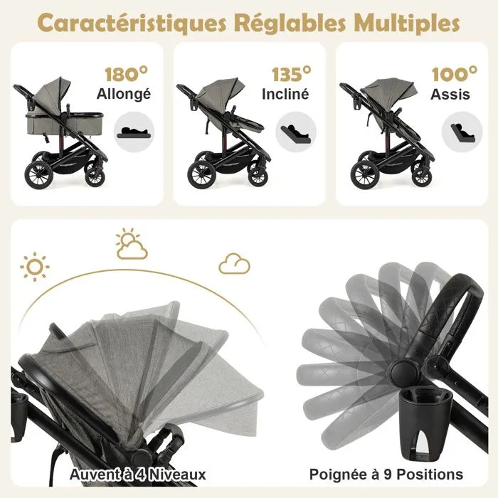 COSTWAY Poussette Canne Pliable Bébé avec le Détachable, Canopée Réglable, Panier de Rangement et Porte-gobelet, 0-36 mois Gris-2