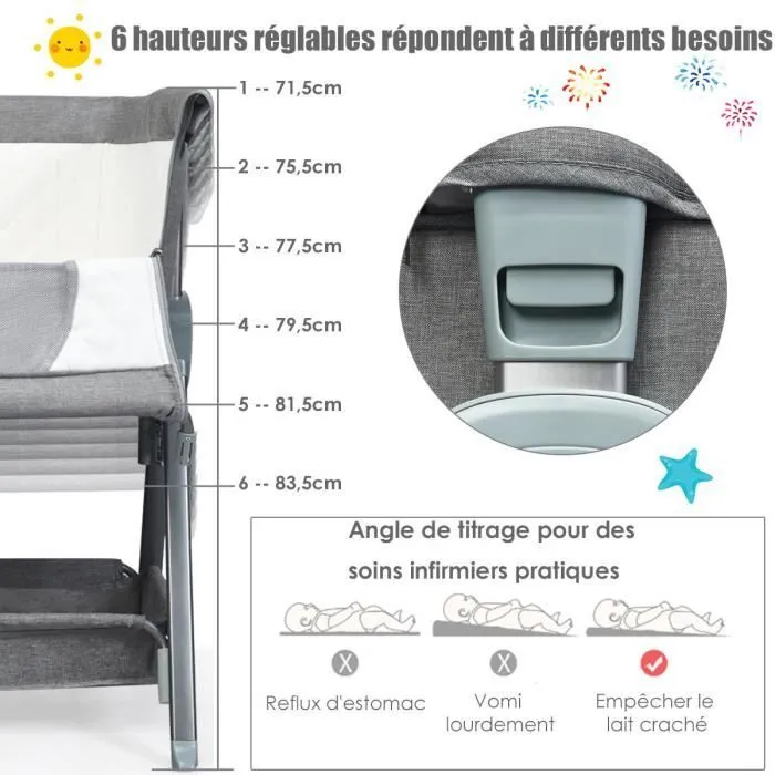COSTWAY Lit Cododo Bébé avec Matelas Amovible 3,5CM Hauteurs Réglables Panier de Rangement Roues Intégrée à 15KG 0-6 Mois Gris-2