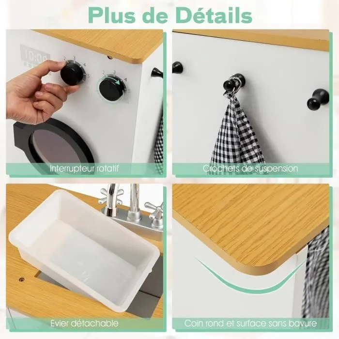 COSTWAY Cuisine d Angle Enfants en Bois 9 Accessoires Effect Sonore et Lumineux, Jeu d'imitation 3 Ans+, Cadeau idéal-3