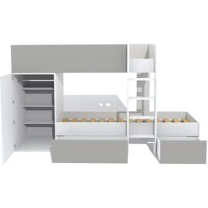 WEBER Lit superposé enfant contemporain blanc et gris - l 90 x L 190 cm - TWIN-0