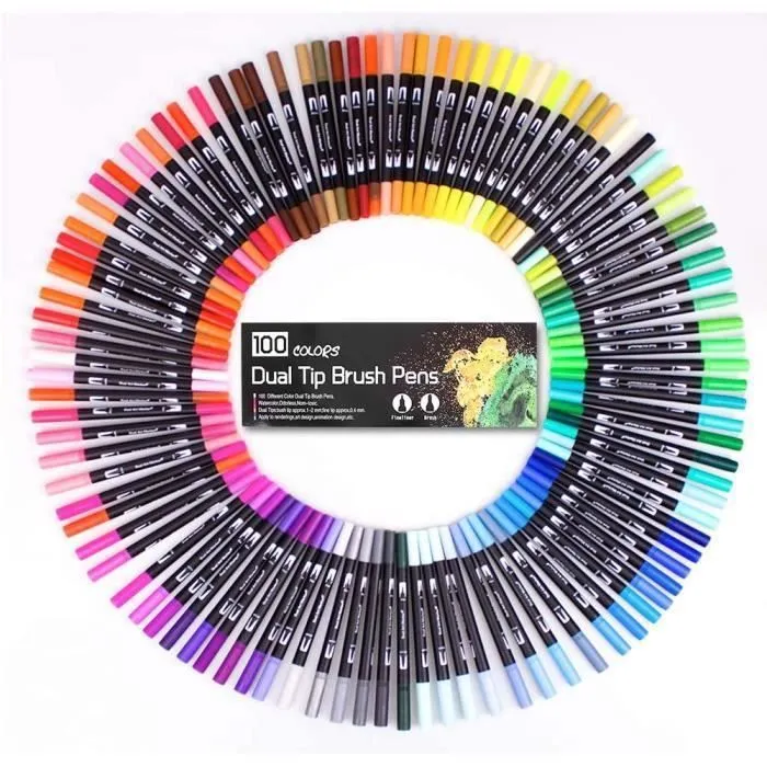 Feutres de Coloriage, 100 Couleurs Art Aquarelle Brosse Pointe Stylos et Pointe Fine pour Adulte Livres de Coloriage, Dessin-1