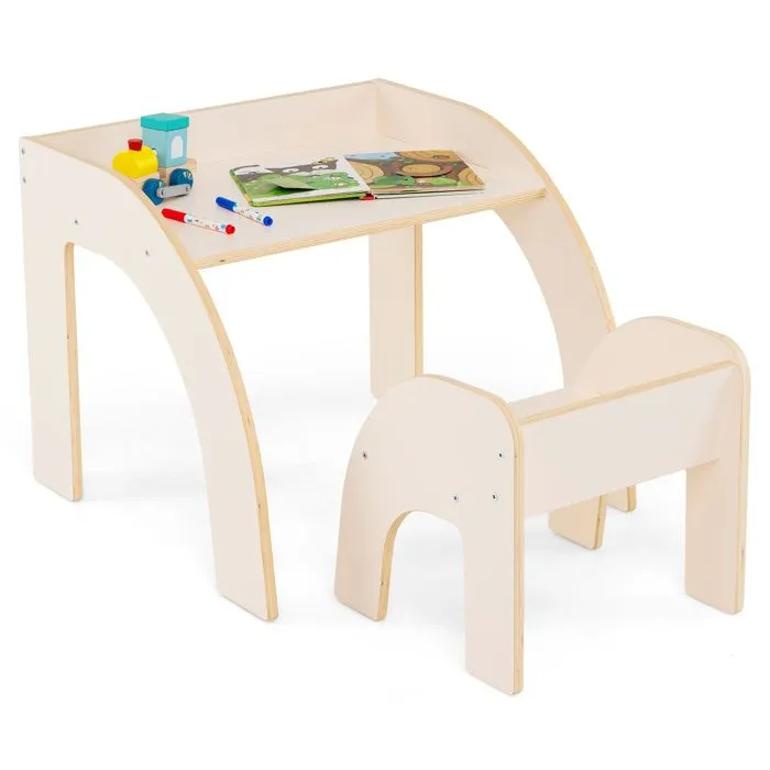 COSTWAY Table et Chaise d'Activité pour Enfants 3+ Ans avec Grand Plateau, Bords Arrondis pour Crèche, Salle de Jeu, Blanc-0