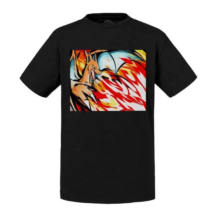 T-shirt Enfant Noir Pokemon Dragon Feu Dracofeu Charizard-0