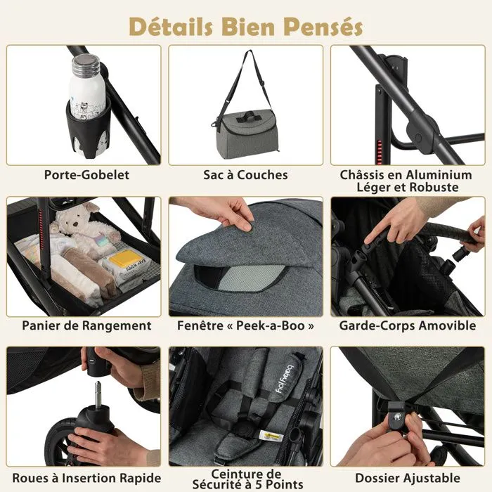 COSTWAY Poussette Canne Pliable Bébé avec le Détachable, Canopée Réglable, Panier de Rangement et Porte-gobelet, 0-36 mois Gris-5