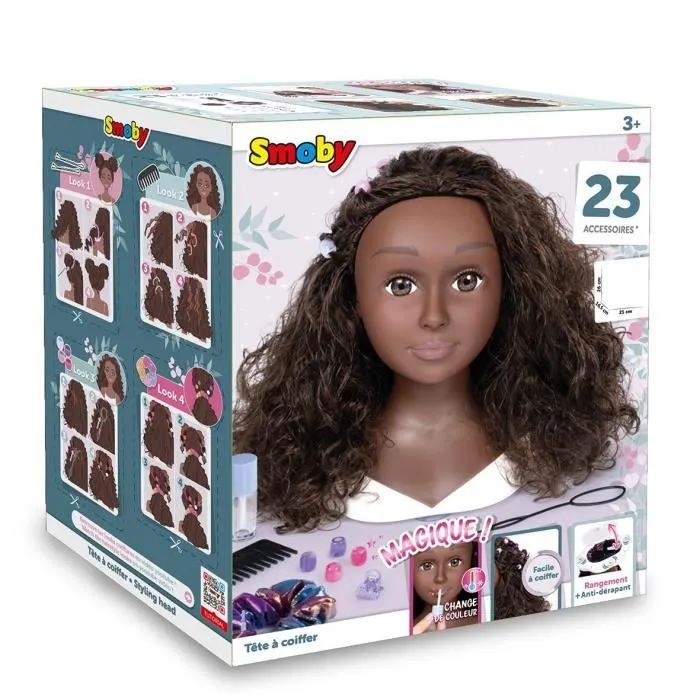 Smoby - Tête à coiffer cheveux afro - Facile à coiffer - 23 accessoires réalistes - Lèvres thermosensibles - Trappe de rangement-1