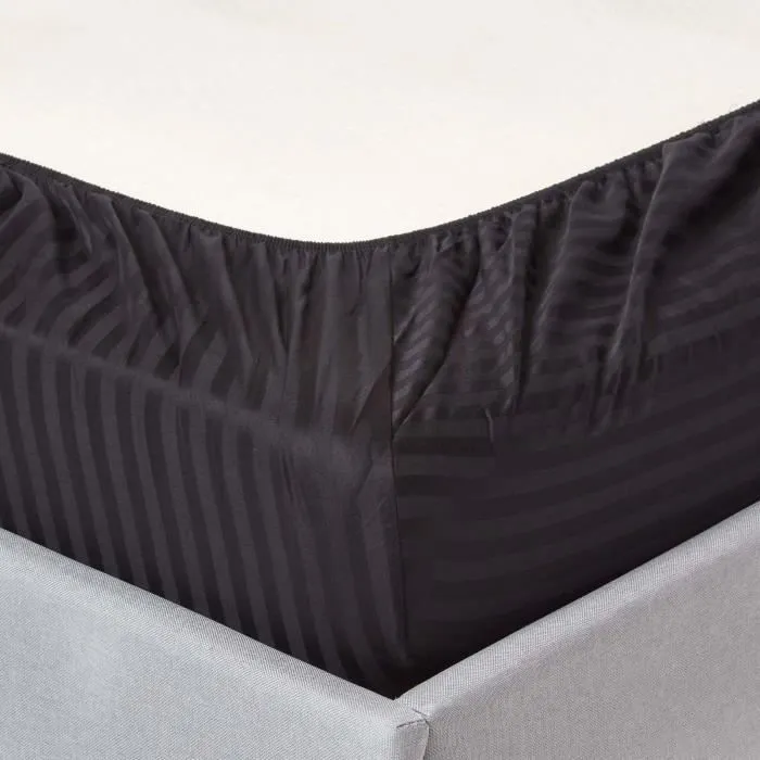 Drap-housse - Coton Égyptien - 90 x 190 cm - Rayé - Noir - 330 fils-1