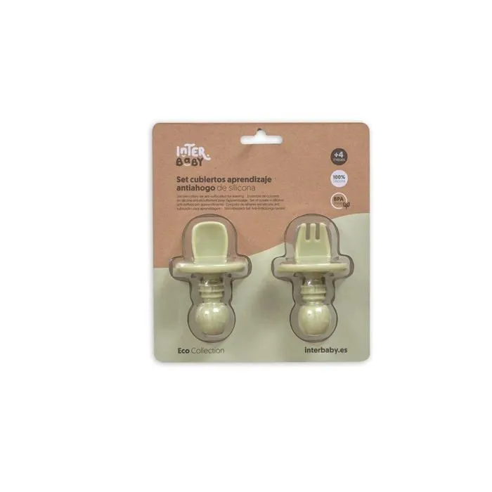 Couverts bebe Interbaby - SI013-74 - Ensemble de couverts d'apprentissage anti-etouffement pour bebe en silicone vert-0