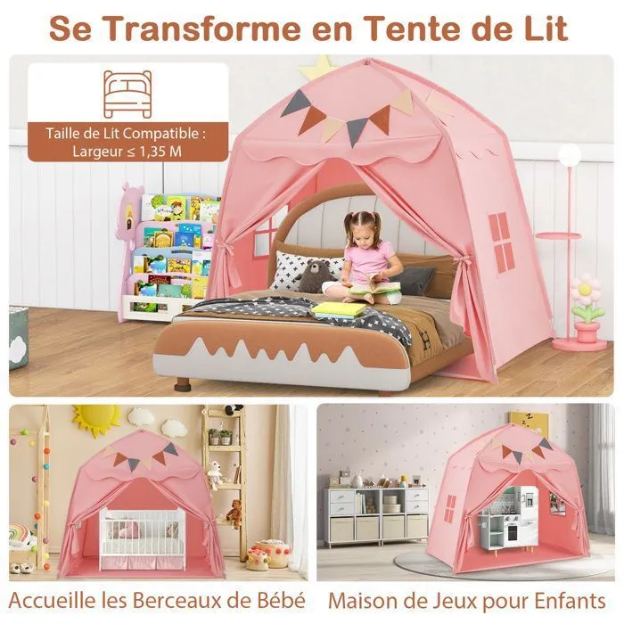 Tente de Jeu pour Enfants COSTWAY-Drapeaux et Guirlandes Lumineuses-Fenêtre Respirante-Lavable en Machine-157 x 98 x 148 cm-Rosé-4